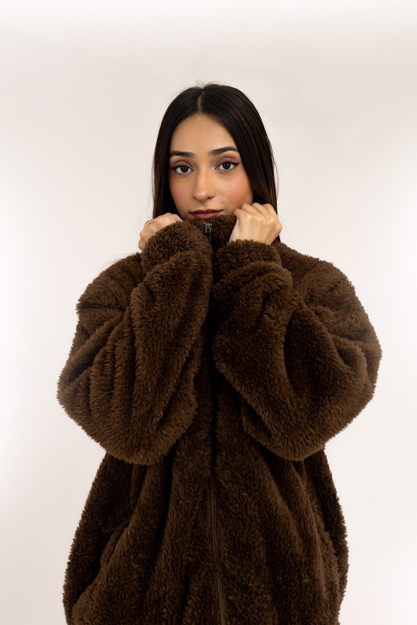 Teddy Fur Mock Jacket in Brown