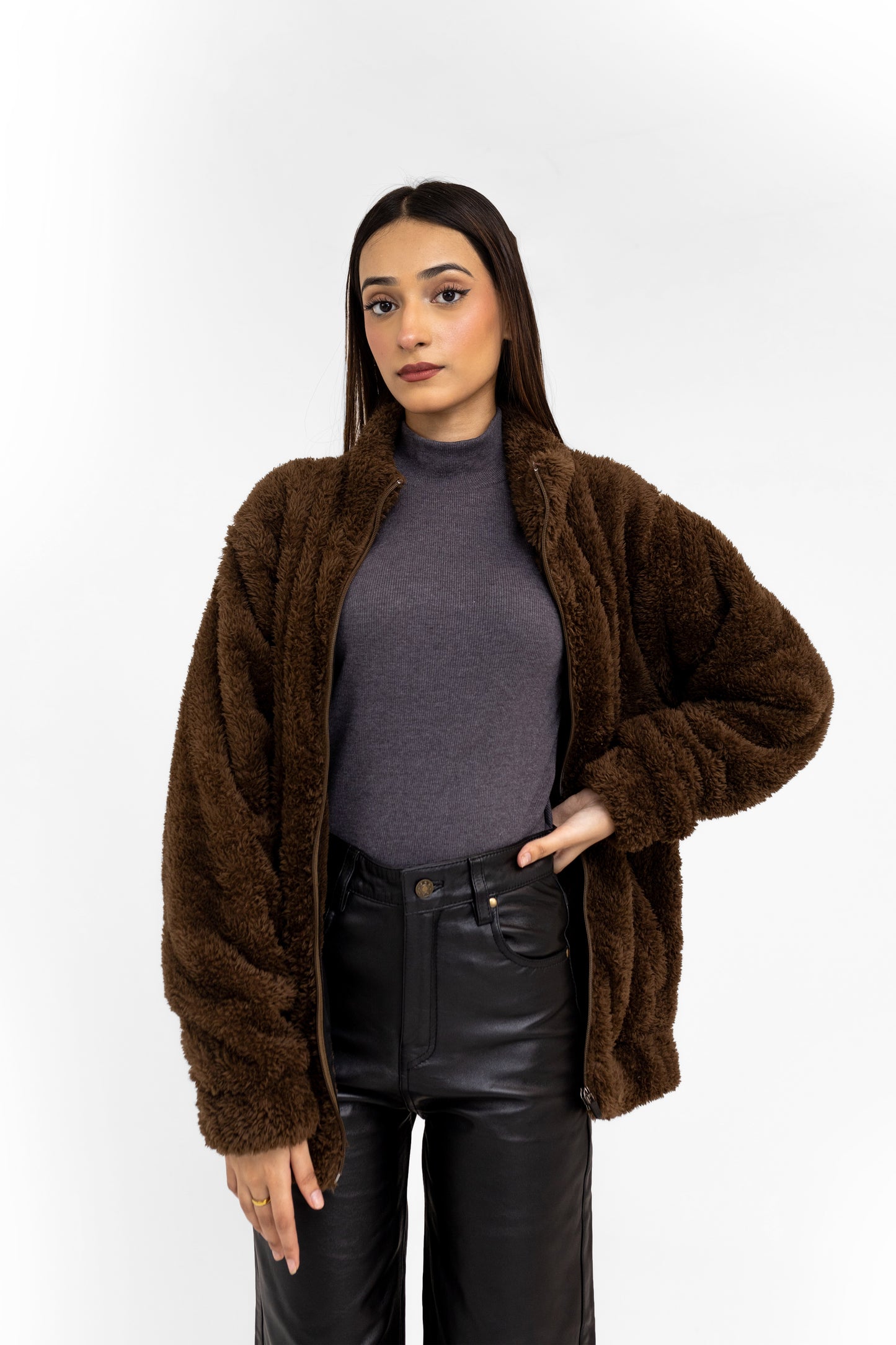 Teddy Fur Mock Jacket in Brown