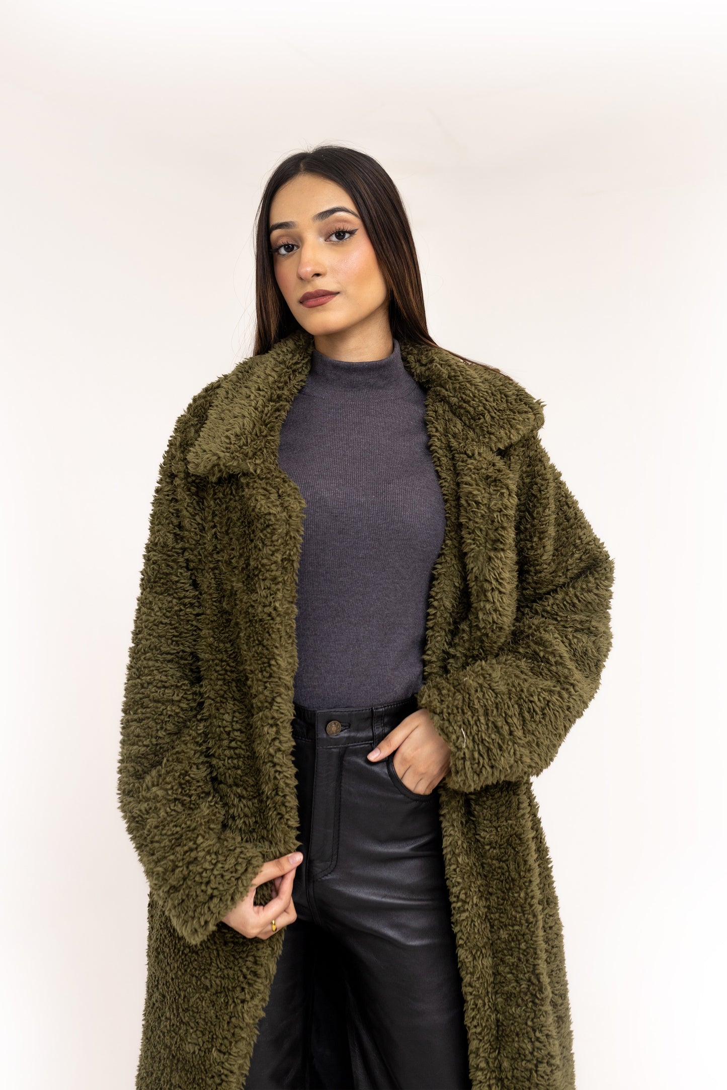 Fur Maxi Coat in Olive