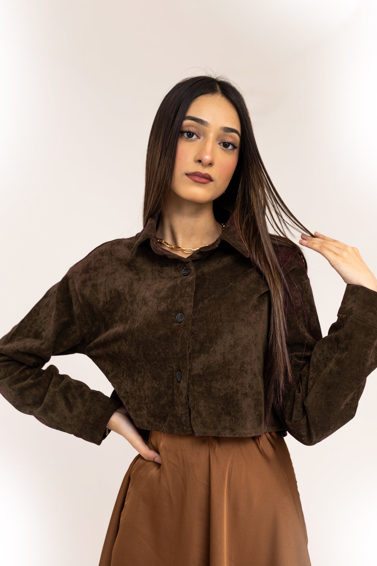 Corduroy Crop Shirt in Chocolate