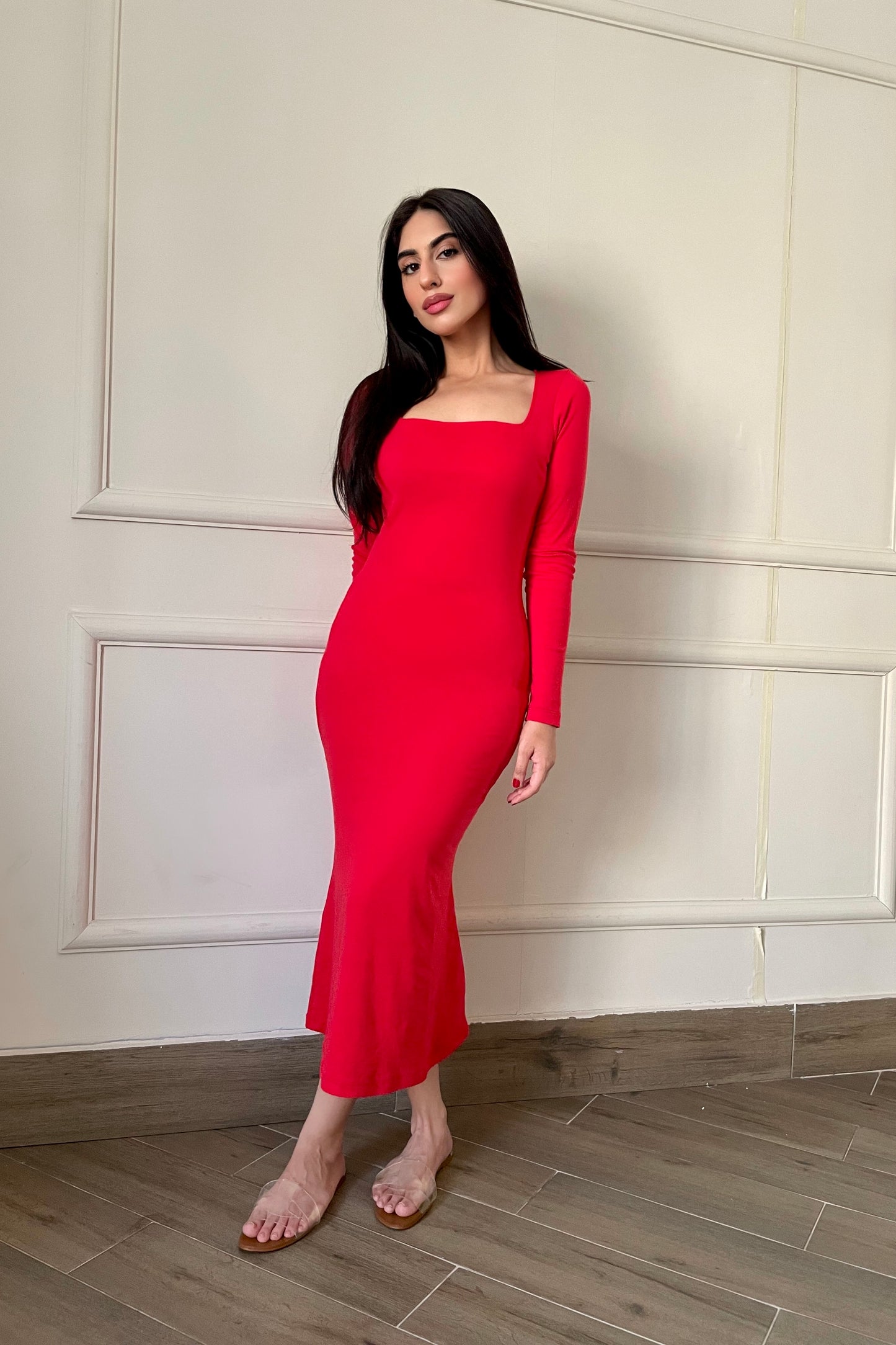 Square Neck Bodycon Dress in Scarlet Red