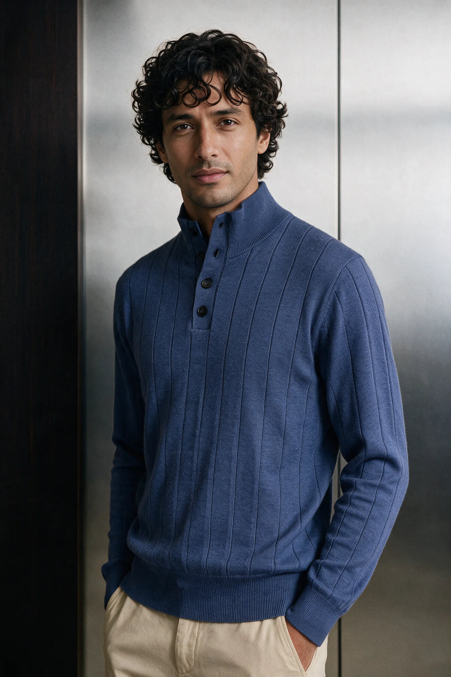 Mock-Neck Button Up Sweater / MELANGE BLUE
