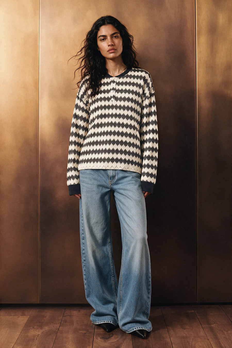 Crochet Knit Henley Shirt / OFF WHITE