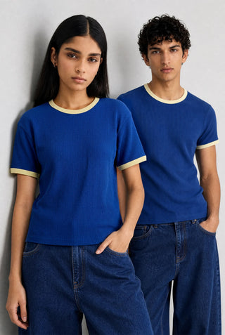 Waffle Textured Ringer T-shirt in Navy