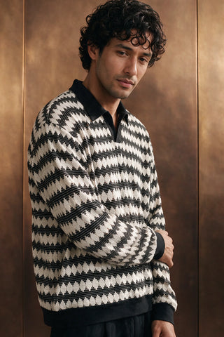 Crochet Knit Polo Shirt / OFF WHITE POLO ATTIR-MEN