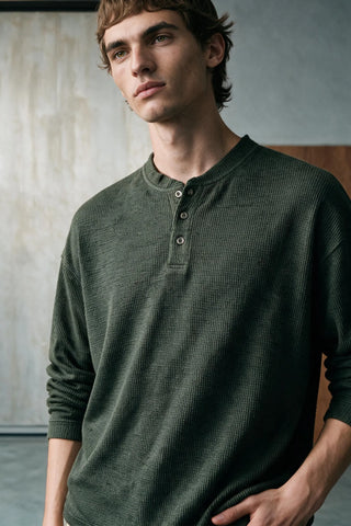 Melange Effect Henley Shirt HENLEY ATTIR-MEN