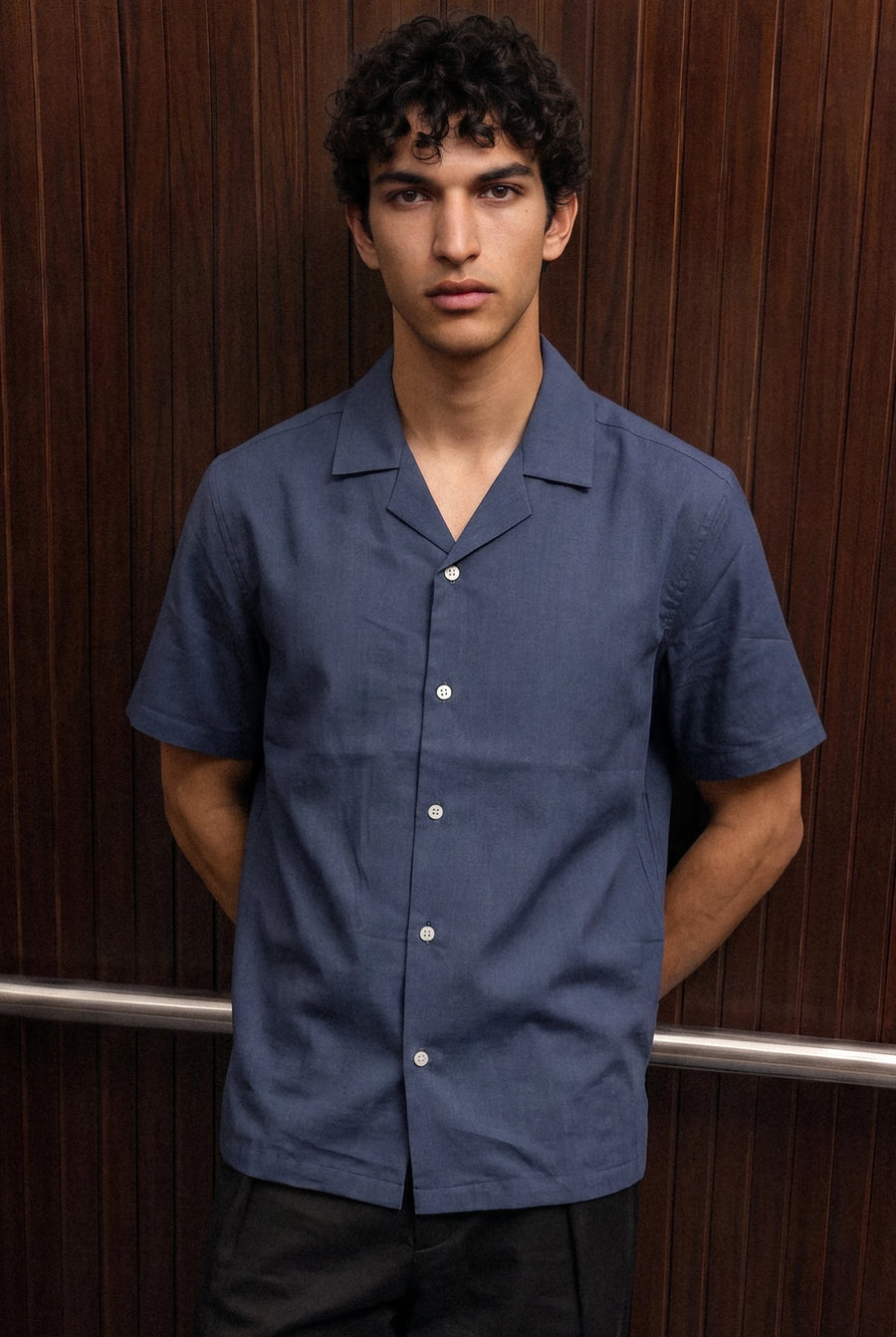 Relaxed Fit Camp Collar Shirt in Denim Blue