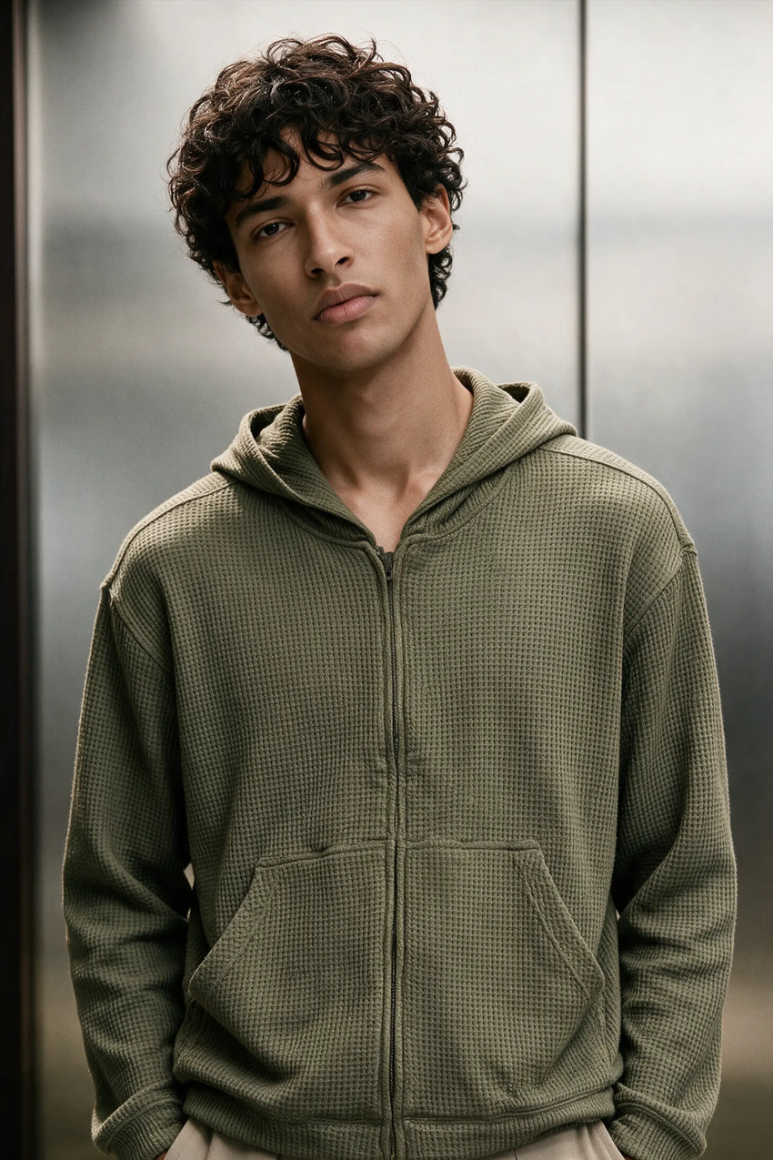 Waffle Zipper Hoodie / OLIVE HOODIE ATTIR-MEN