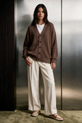 Rib-Knit Cardigan Sweater / BROWN CARDIGAN ATTIR-UNISEX