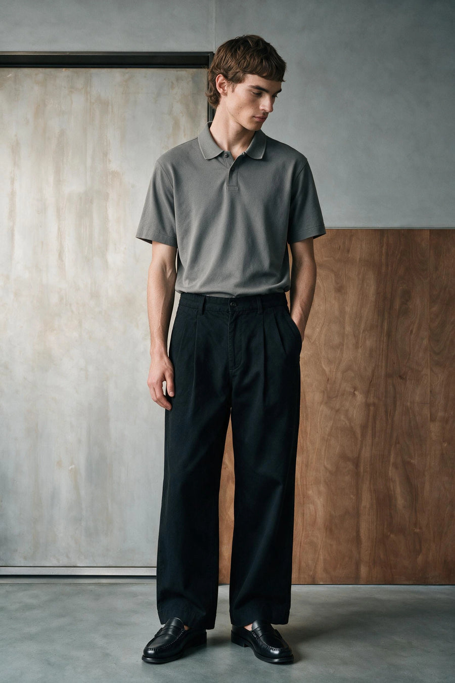 Relaxed Double Pleats Twill Pant /  BLACK