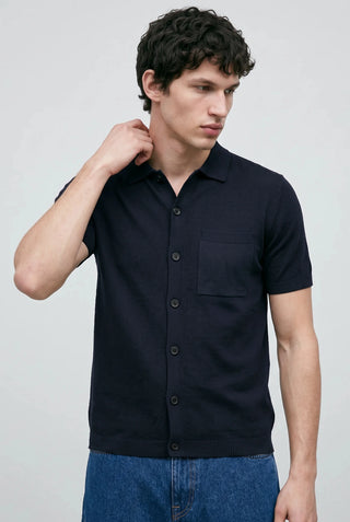 Knitted Button-Up Polo in Ink Black
