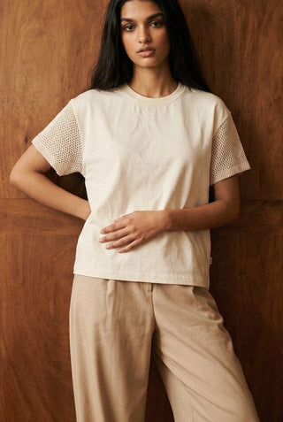 Crochet Detail Boxy Tee in Cream