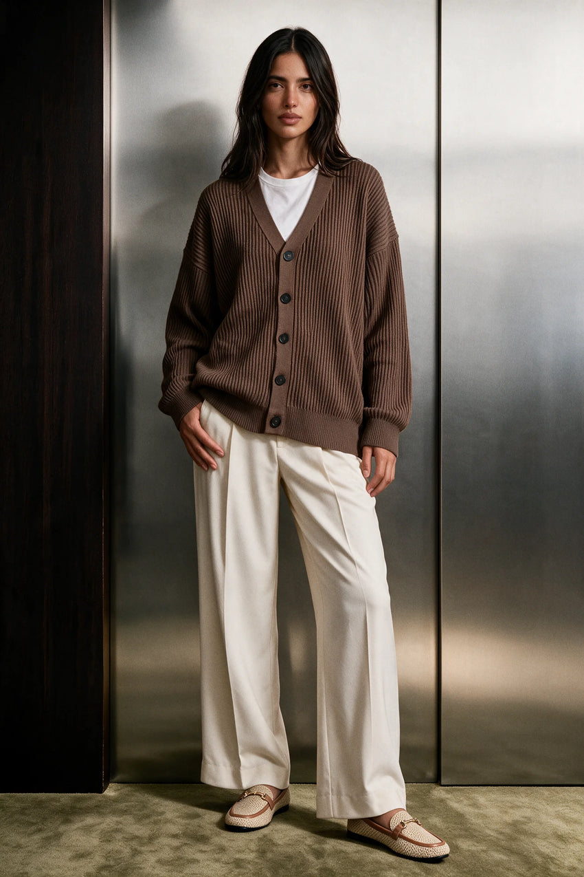 Rib-Knit Cardigan Sweater / BROWN CARDIGAN ATTIR-UNISEX