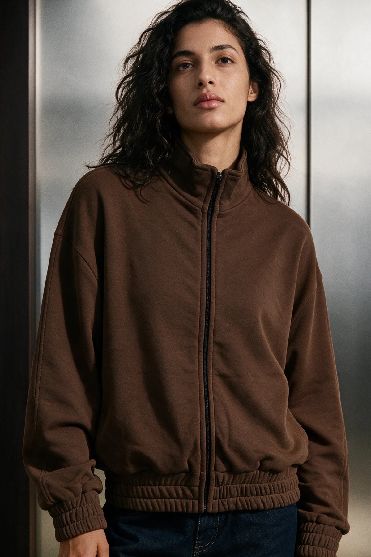 Elasticated Mock Neck Zipper / BROWN JACKET ATTIR-WOMEN