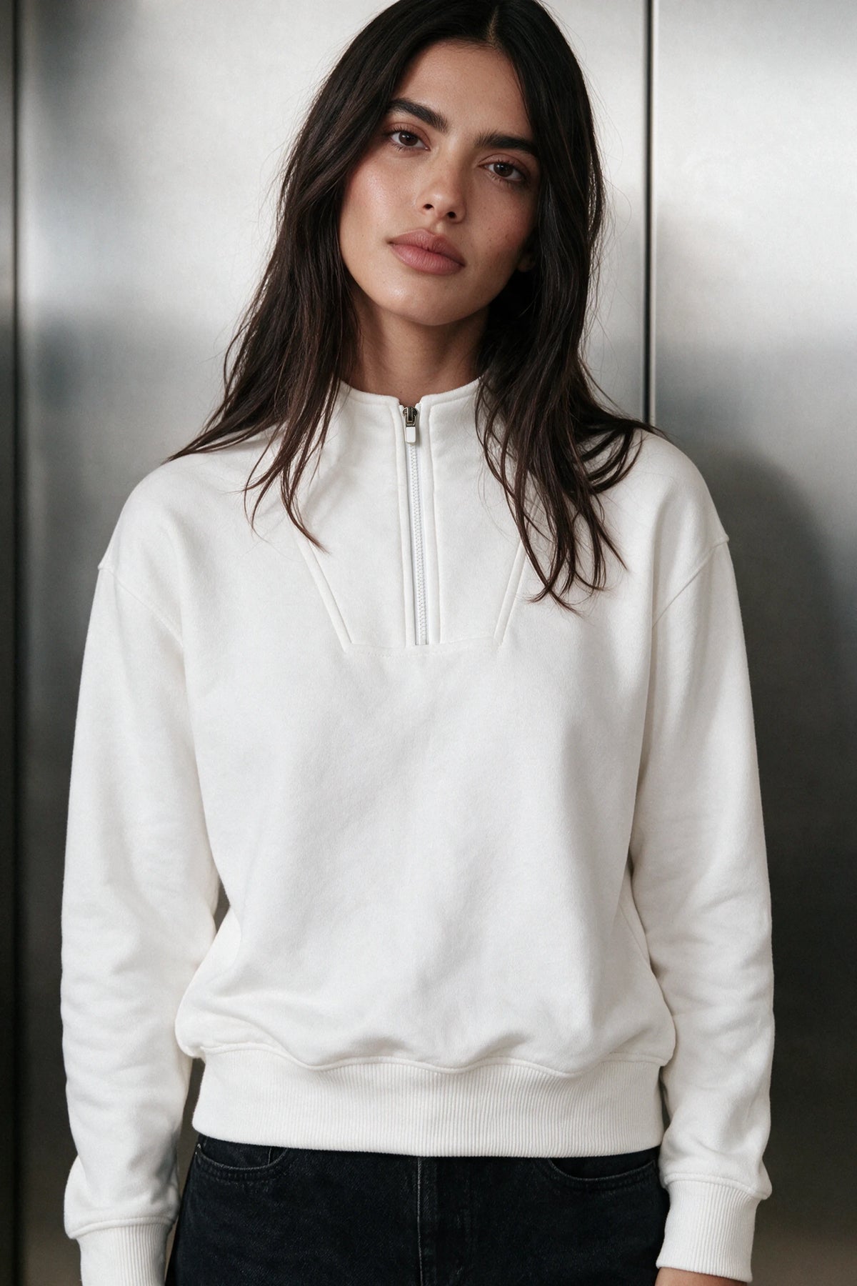 Q-Zip Mock Neck Jumper / WHITE SWEATSHIRT ATTIR-WOMEN