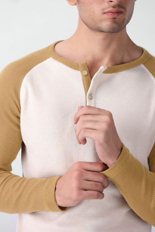 Waffle-Knit Raglan Henley in Butter Yellow