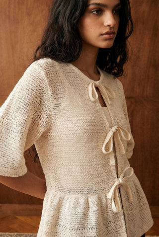 Crochet Peplum Tie Top in Ivory