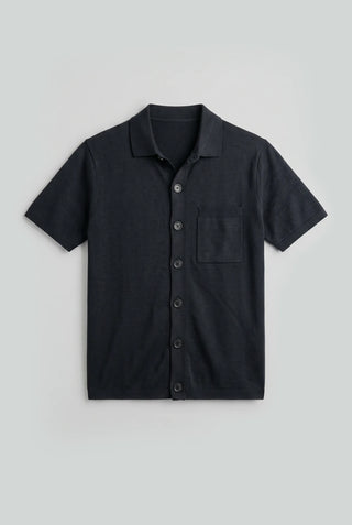 Knitted Button-Up Polo in Ink Black
