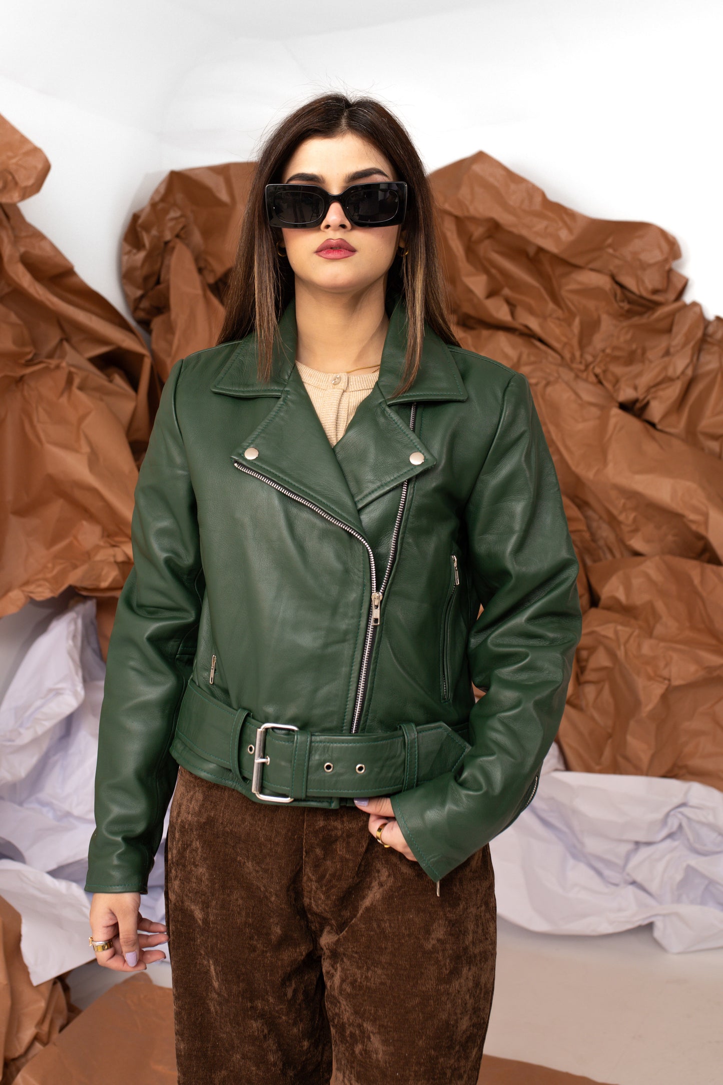 Leather Biker Jacket in Emerald Green