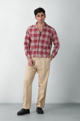Boxy Fit Camp Collar Flannel Shirt in Red
