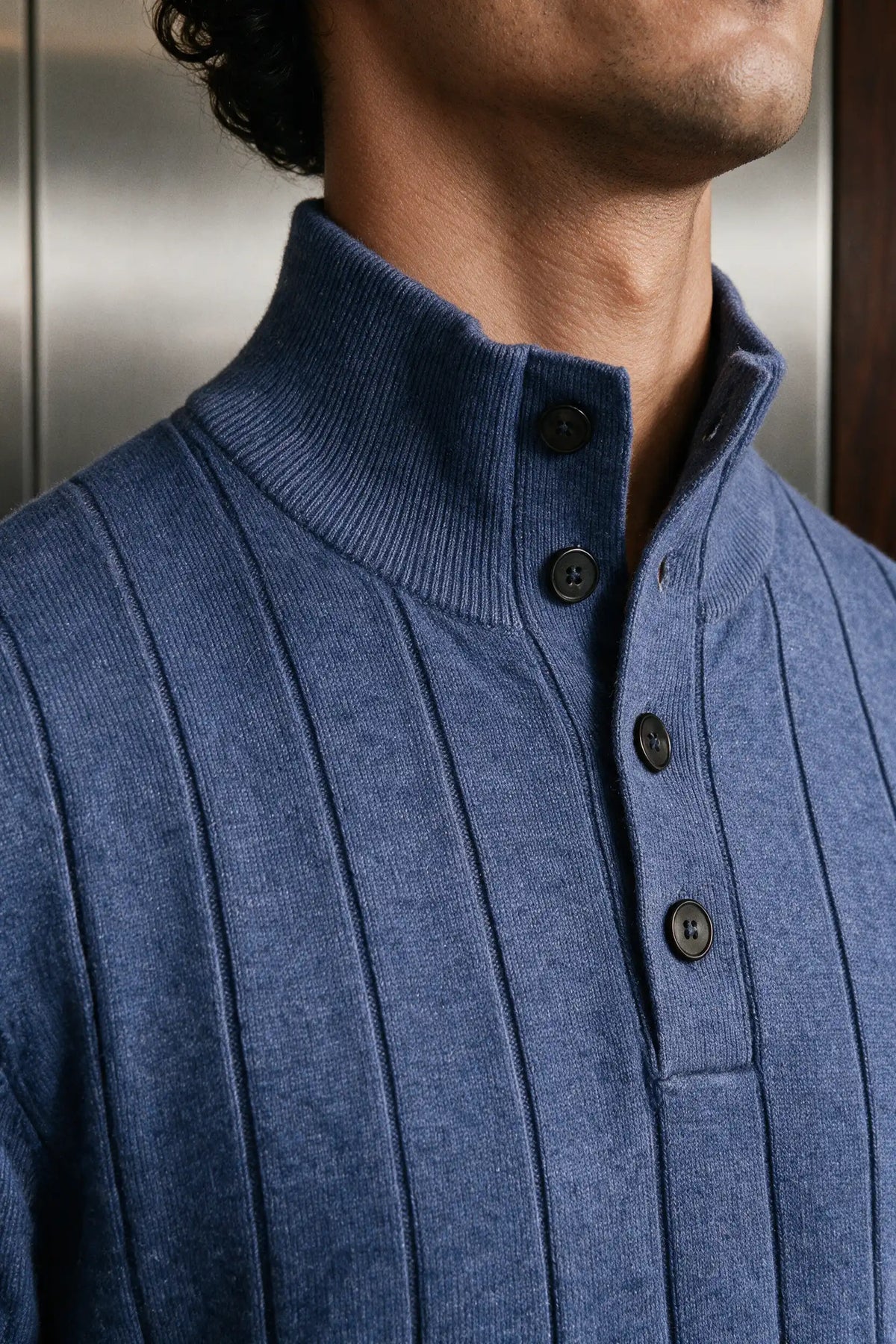 Mock-Neck Button Up Sweater / MELANGE BLUE SWEATER ATTIR-MEN