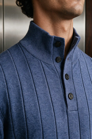 Mock-Neck Button Up Sweater / MELANGE BLUE SWEATER ATTIR-MEN