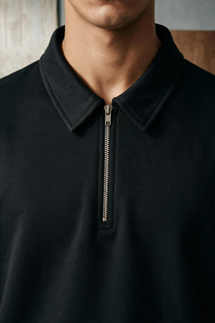 Relaxed-fit Zip-up Polo Shirt /  BLACK