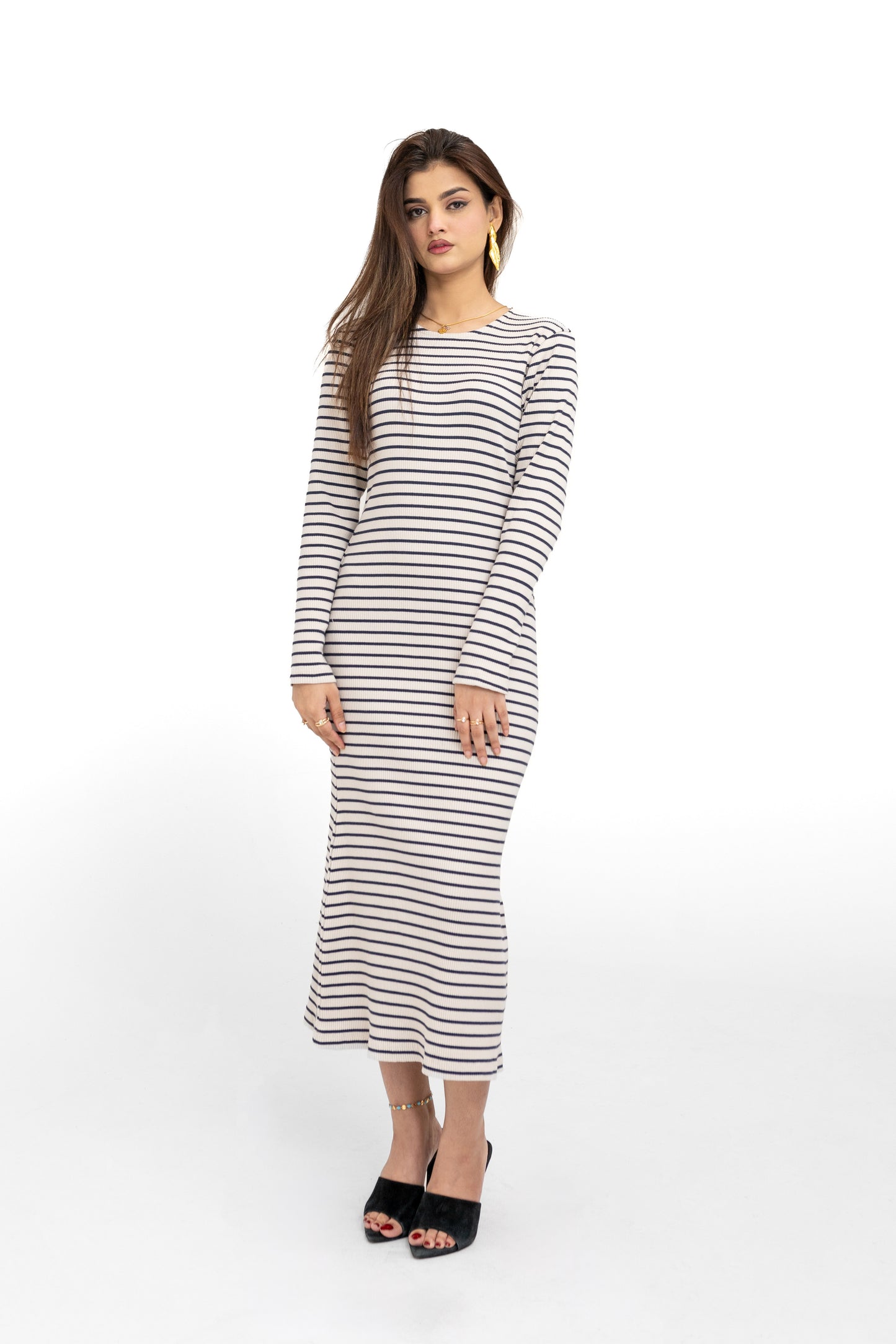 Round Neck Stripe Midi Dress