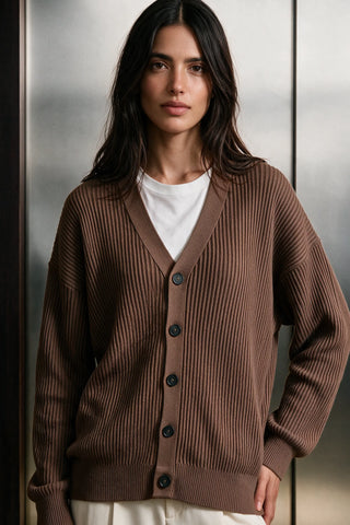 Rib-Knit Cardigan Sweater / BROWN