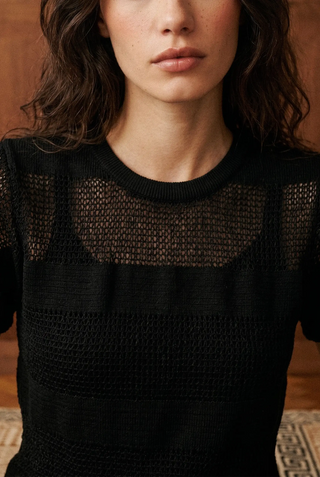 Crochet Puff Sleeve Striped Tee in Black