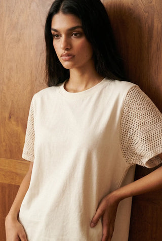 Crochet Detail Boxy Tee in Cream