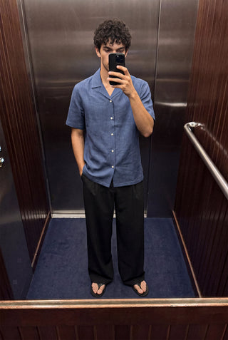 Relaxed Fit Camp Collar Shirt in Denim Blue
