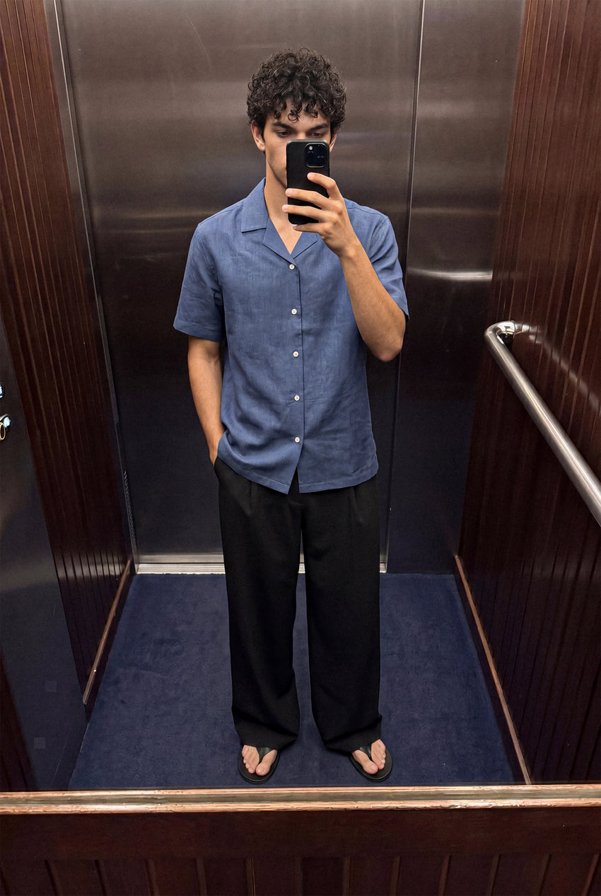 Relaxed Fit Camp Collar Shirt in Denim Blue SHIRT ATTIR-MEN