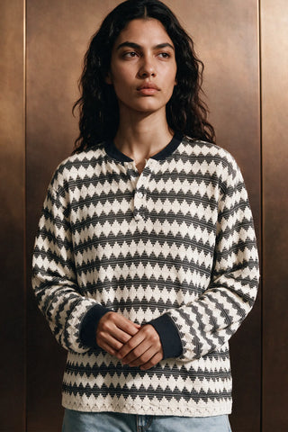 Crochet Knit Henley Shirt / OFF WHITE HENLEY ATTIR-WOMEN