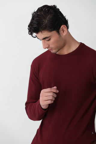 Waffle Textured Long Sleeves T-shirt in Maroon