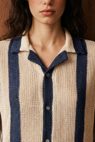 Relaxed Crochet Resort Striped Shirt in Deep Blue
