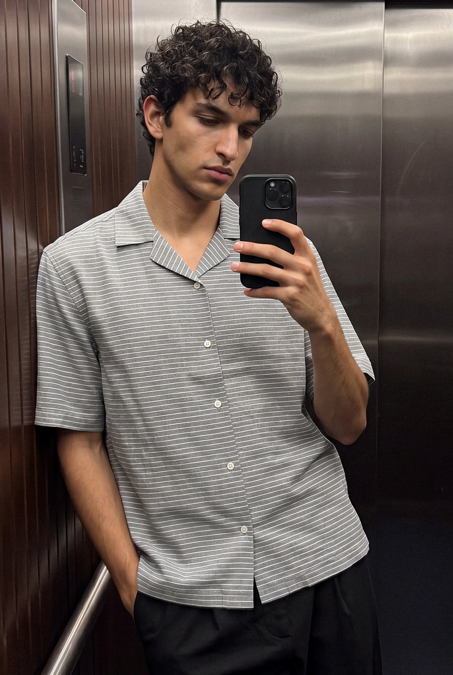 Relaxed Fit Camp Collar Shirt in Horizontal Stripe