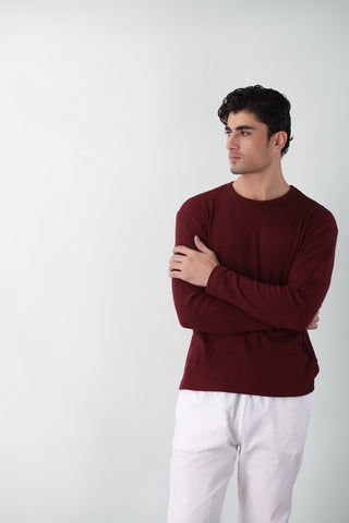 Waffle Textured Long Sleeves T-shirt in Maroon