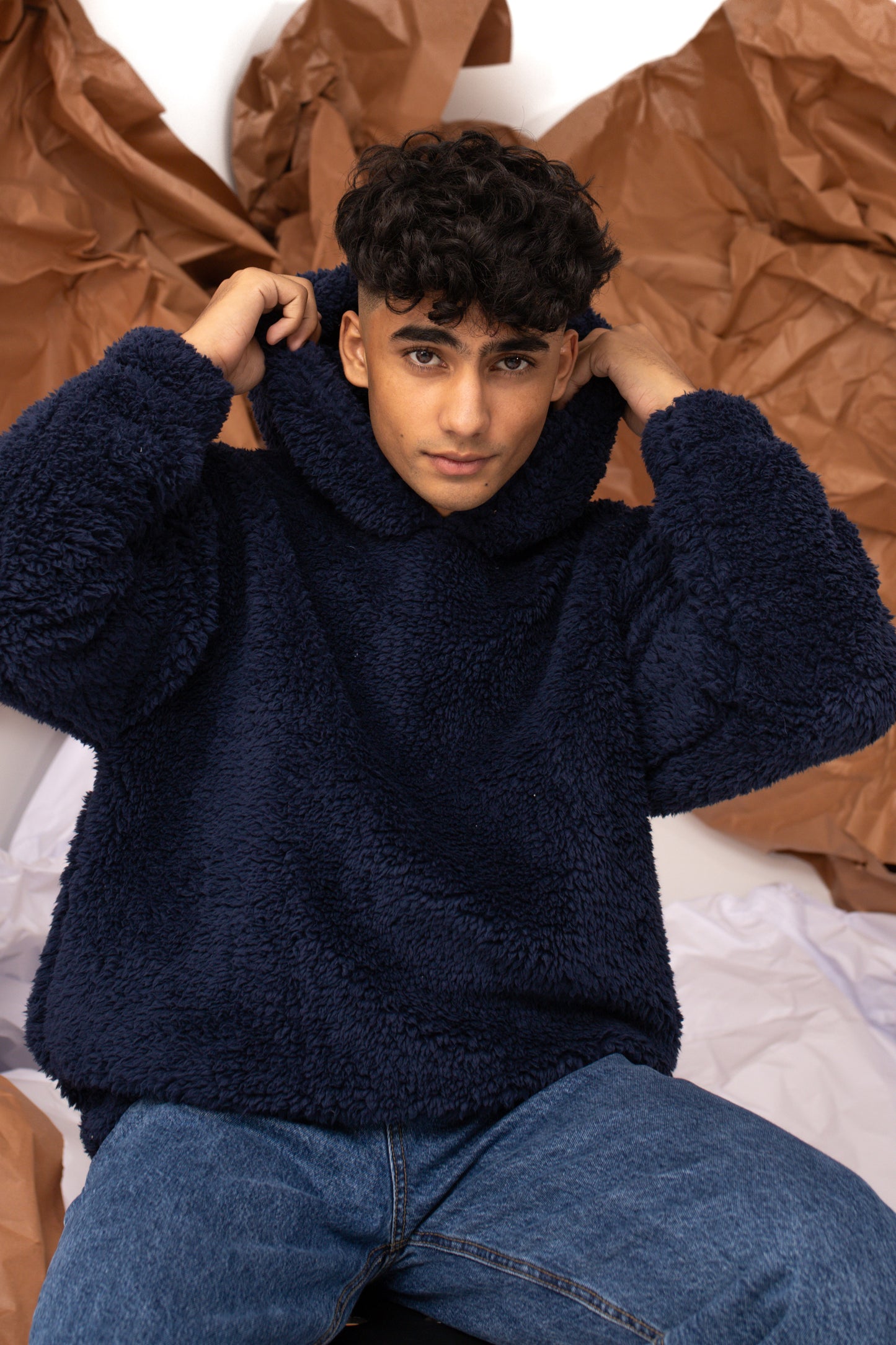 Teddy Fur Oversized Hood in Navy