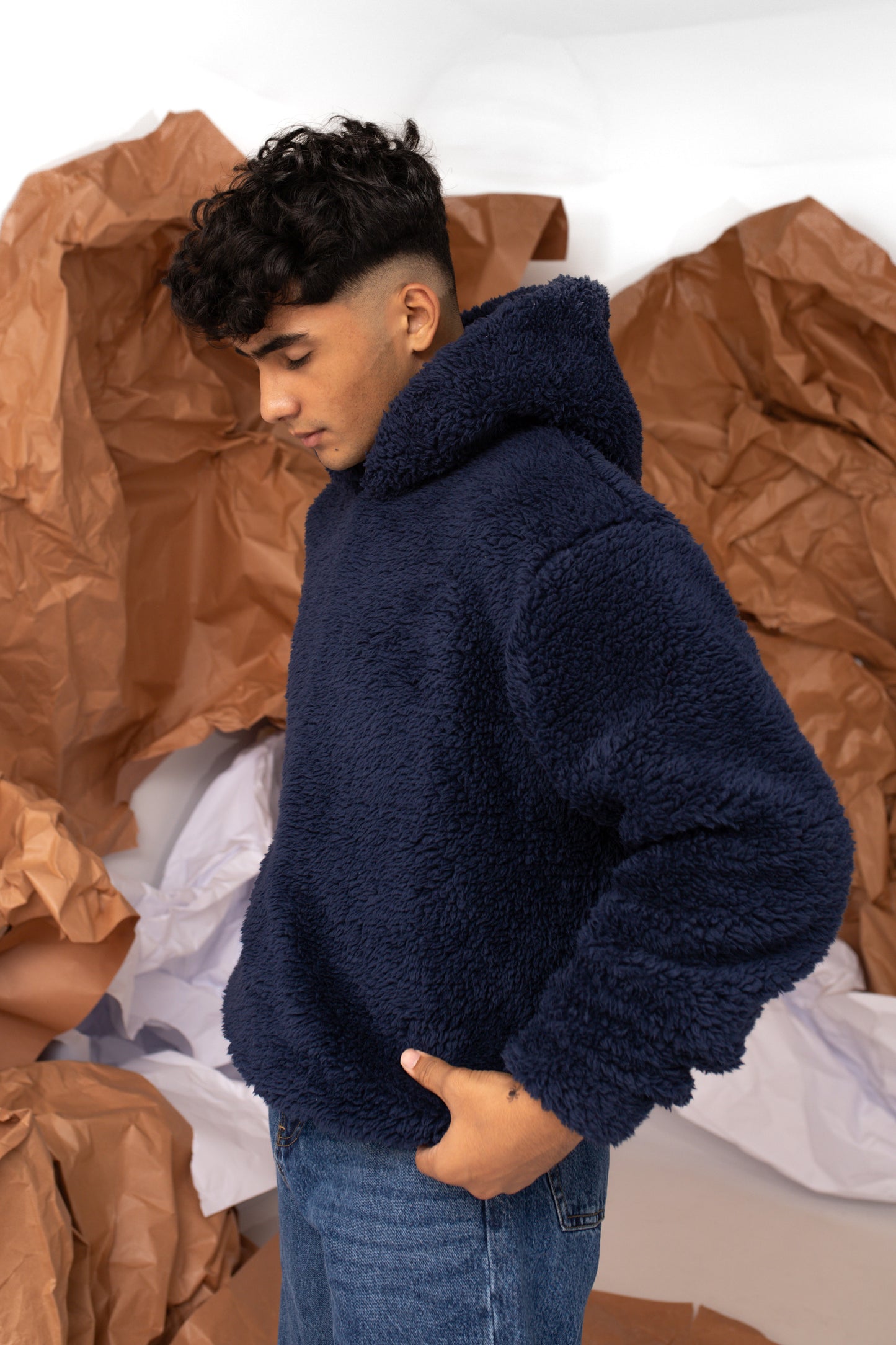 Teddy Fur Oversized Hood in Navy