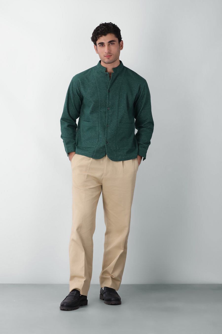 Stand-up Collar Overshirt in Brushed Green