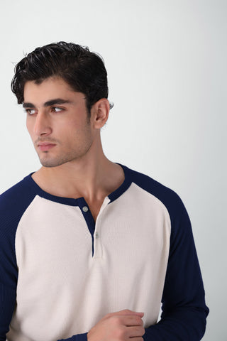 Waffle-Knit Raglan Henley in Navy Blue