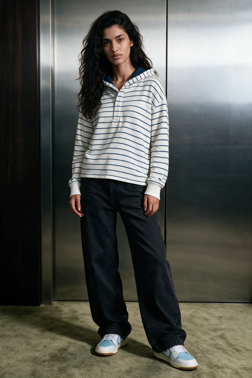 Striped Pullover Hoodie / NAVY HOODIE ATTIR-WOMEN