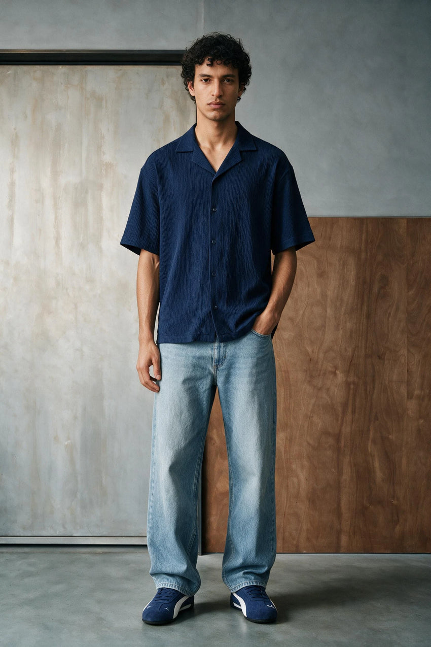 Smock Camp Collar Shirt / NAVY SHIRT ATTIR-UNISEX