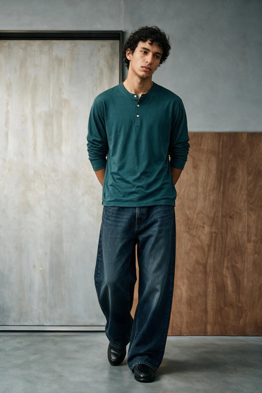 Classic Cotton Henley Shirt /  BOTTLE GREEN