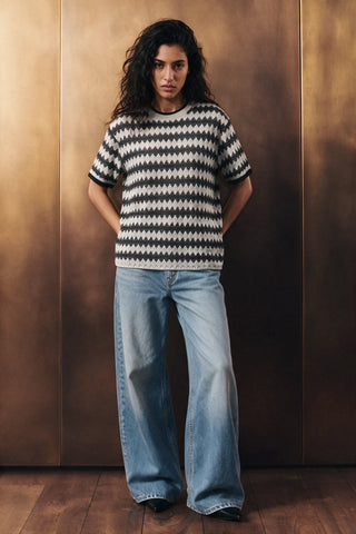 Crochet Knit Ringer Tee / GREY TEE ATTIR-WOMEN