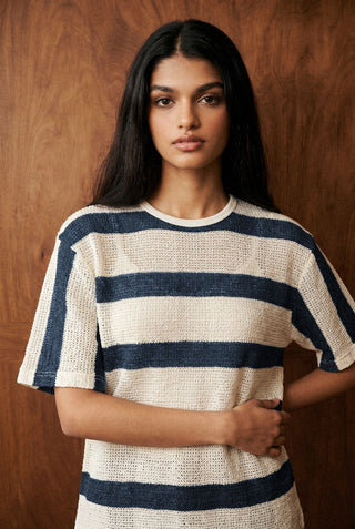 Relaxed Crochet Striped Tee in Deep Blue