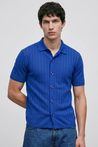 Tuck-Knit Button-Up Polo in Deep Blue