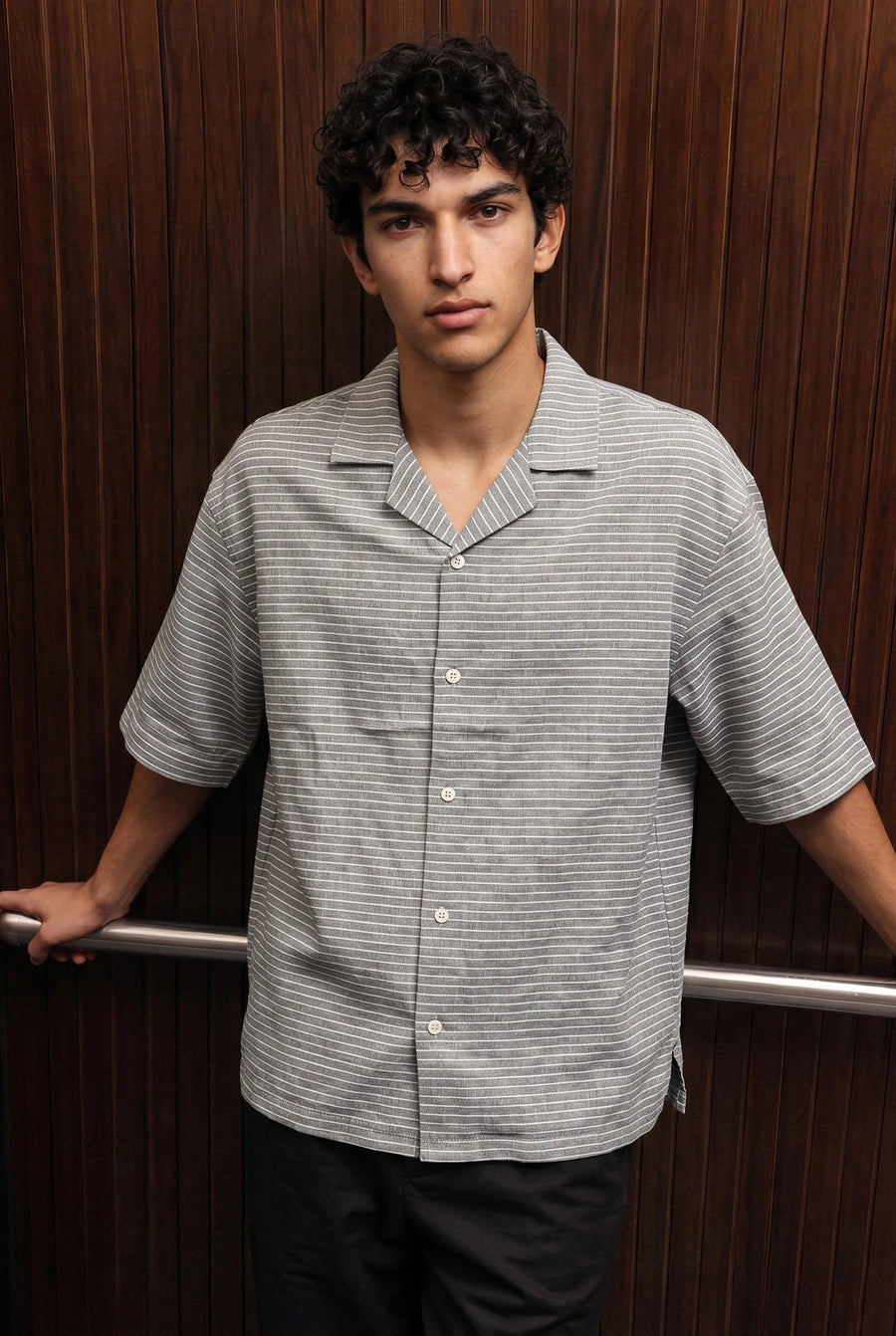 Relaxed Fit Camp Collar Shirt in Horizontal Stripe