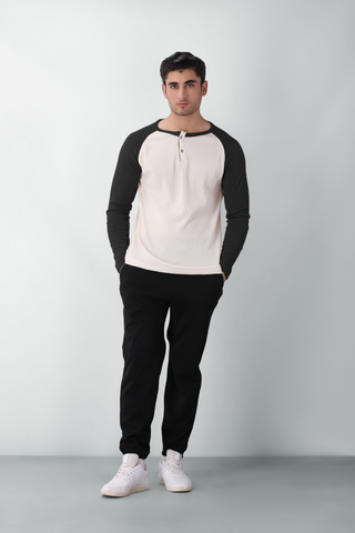 Waffle-Knit Raglan Henley in Black